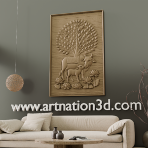 Cow and Calf 3D Wall Panel | Gau Mata CNC Relief Design | Tree of Life Vastu Wall Art STL