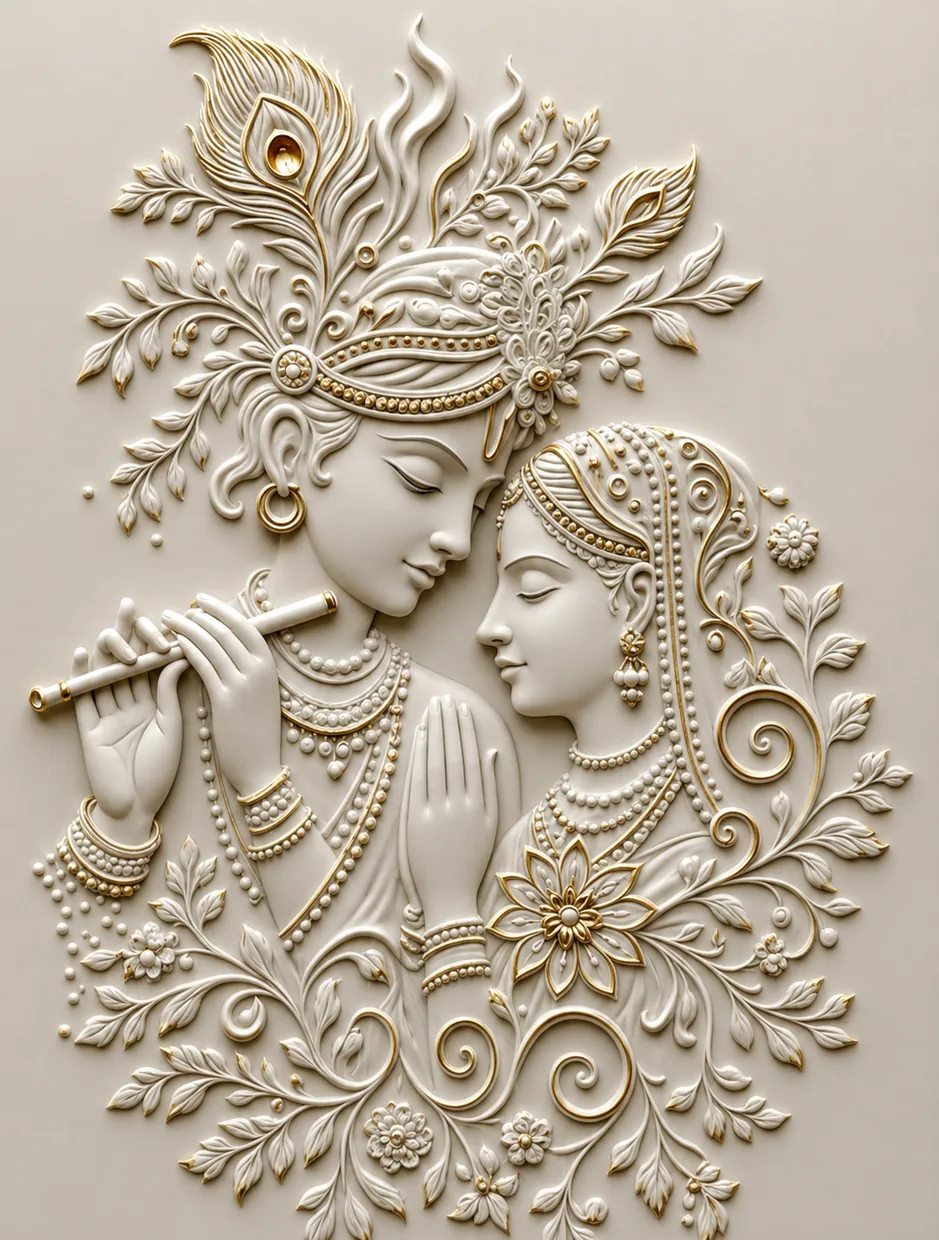 Radha Krishna Floral Flute Relief