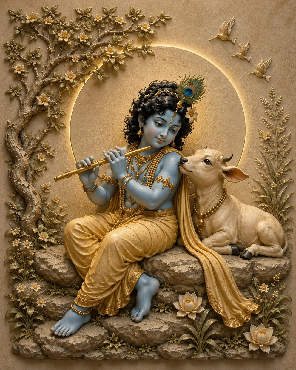Krishna Playing Flute with Calf