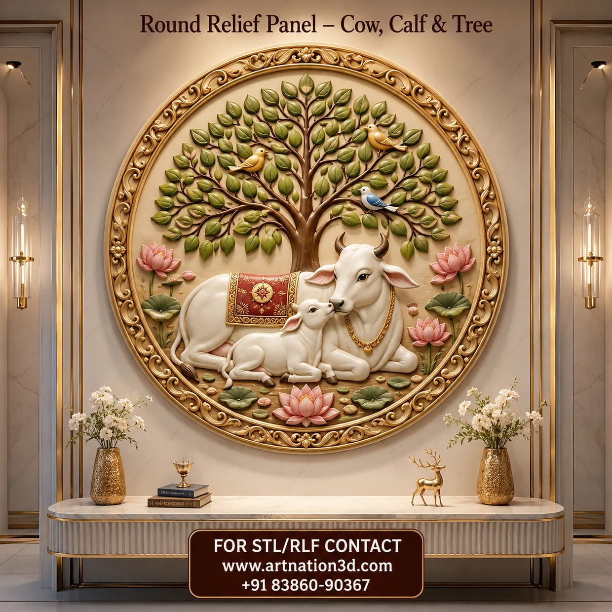 Cow Calf and Tree Round Wall Panel