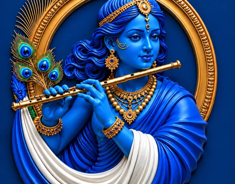 Blue Krishna Flute Round Relief