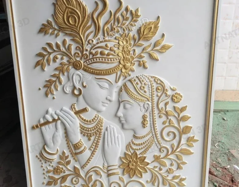 Radha Krishna Floral Wall Panel – White and Gold Finish