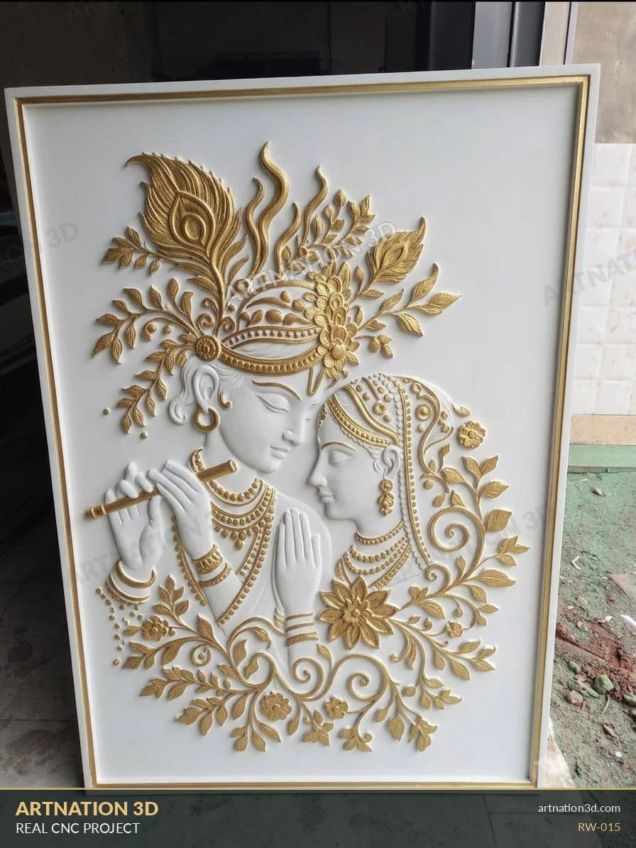 Radha Krishna Floral Wall Panel - White and Gold Finish - ArtNation 3D