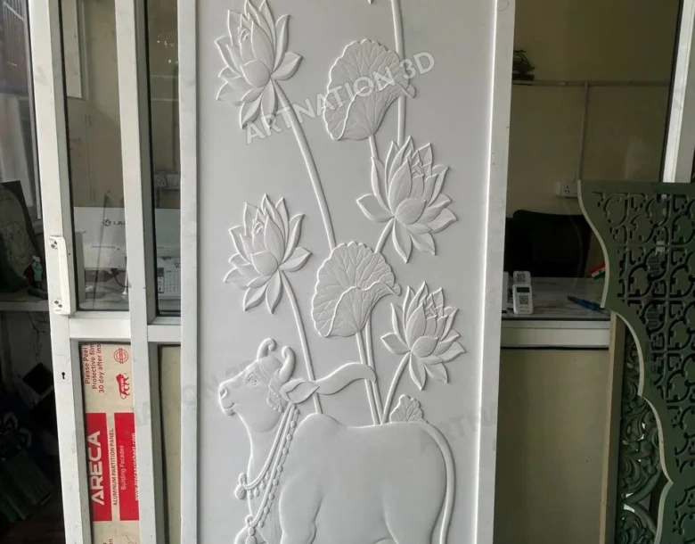 Cow and Lotus Vertical Relief – White Finish