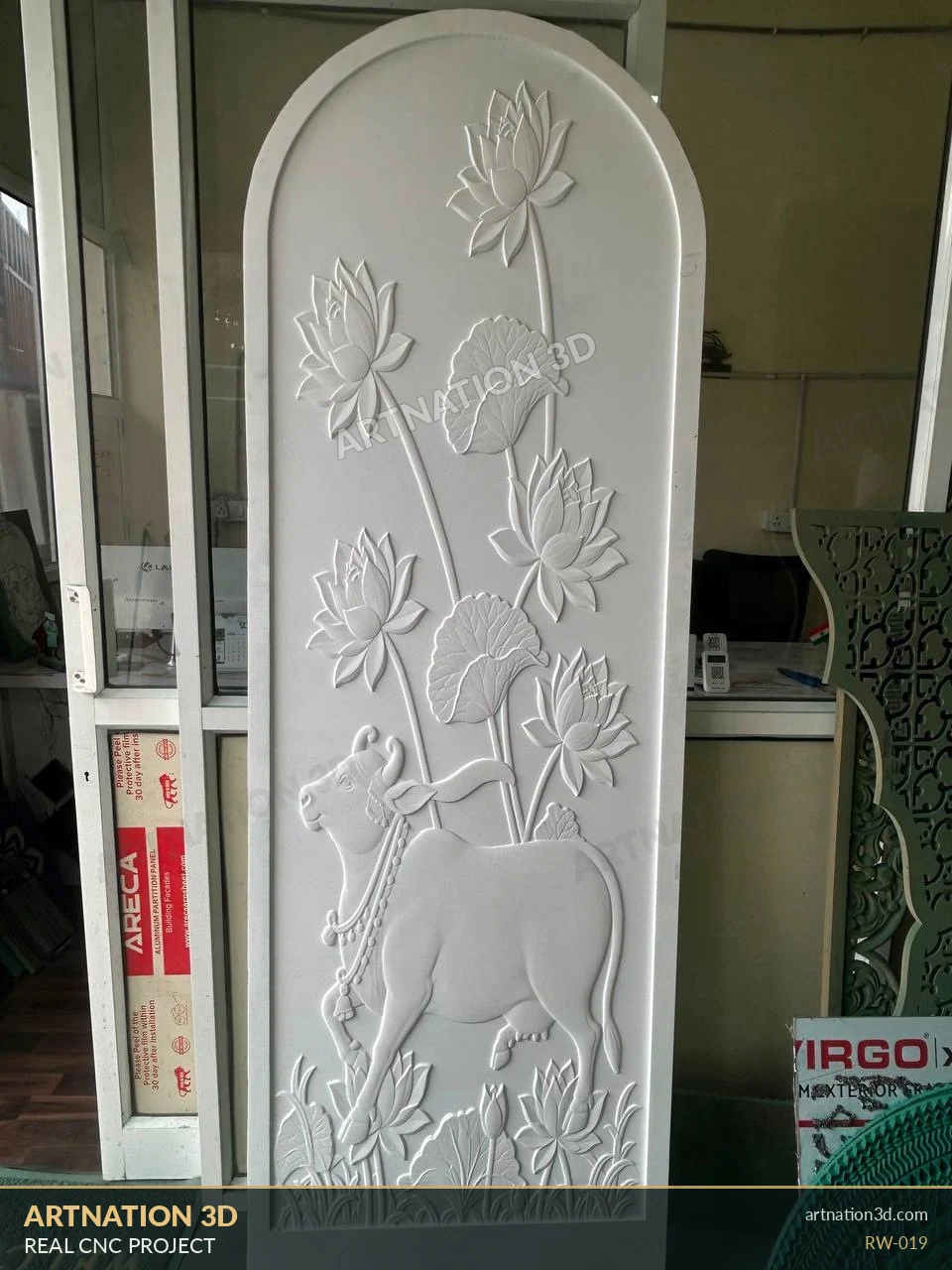 Cow and Lotus Vertical Relief - White Finish - ArtNation 3D
