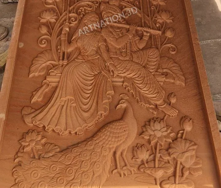 Traditional Radha Krishna Peacock Carving – Wood Tone