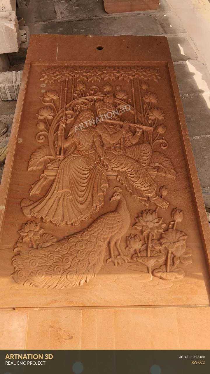 Traditional Radha Krishna Peacock Carving - Wood Tone - ArtNation 3D